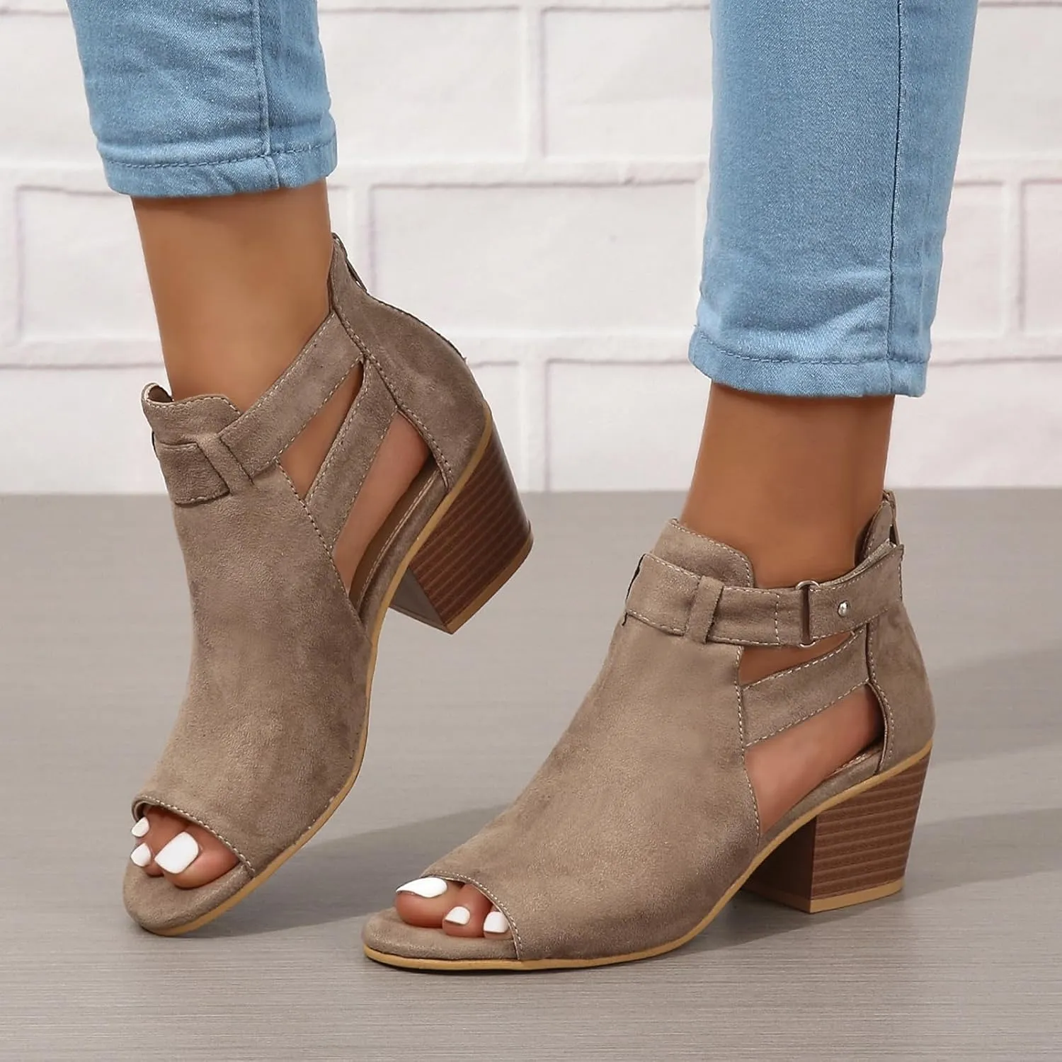 ZBYY Womens Peep Toe Ankle Booties Chunky Heels Cutout Back Zipper Sandals Suede Side Ankle Strap Dress Sandals
