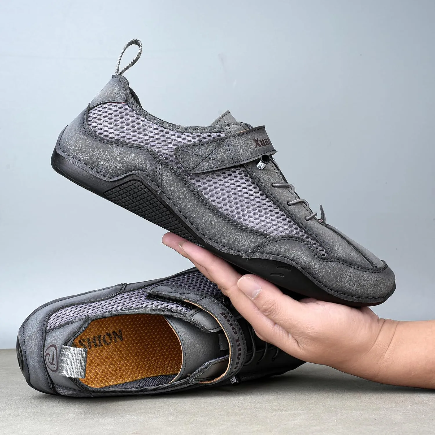 Zeberfi Men's Hollow Leather Mesh Walking Shoes for Hiking Camping & Driving Fashion Lace Up Hook and Loop Breathable Casual Beach Shoes Summer Outdoor Athletic Lightweight Water Shoes