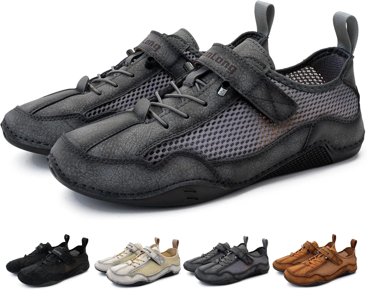 Zeberfi Men's Hollow Leather Mesh Walking Shoes for Hiking Camping & Driving Fashion Lace Up Hook and Loop Breathable Casual Beach Shoes Summer Outdoor Athletic Lightweight Water Shoes
