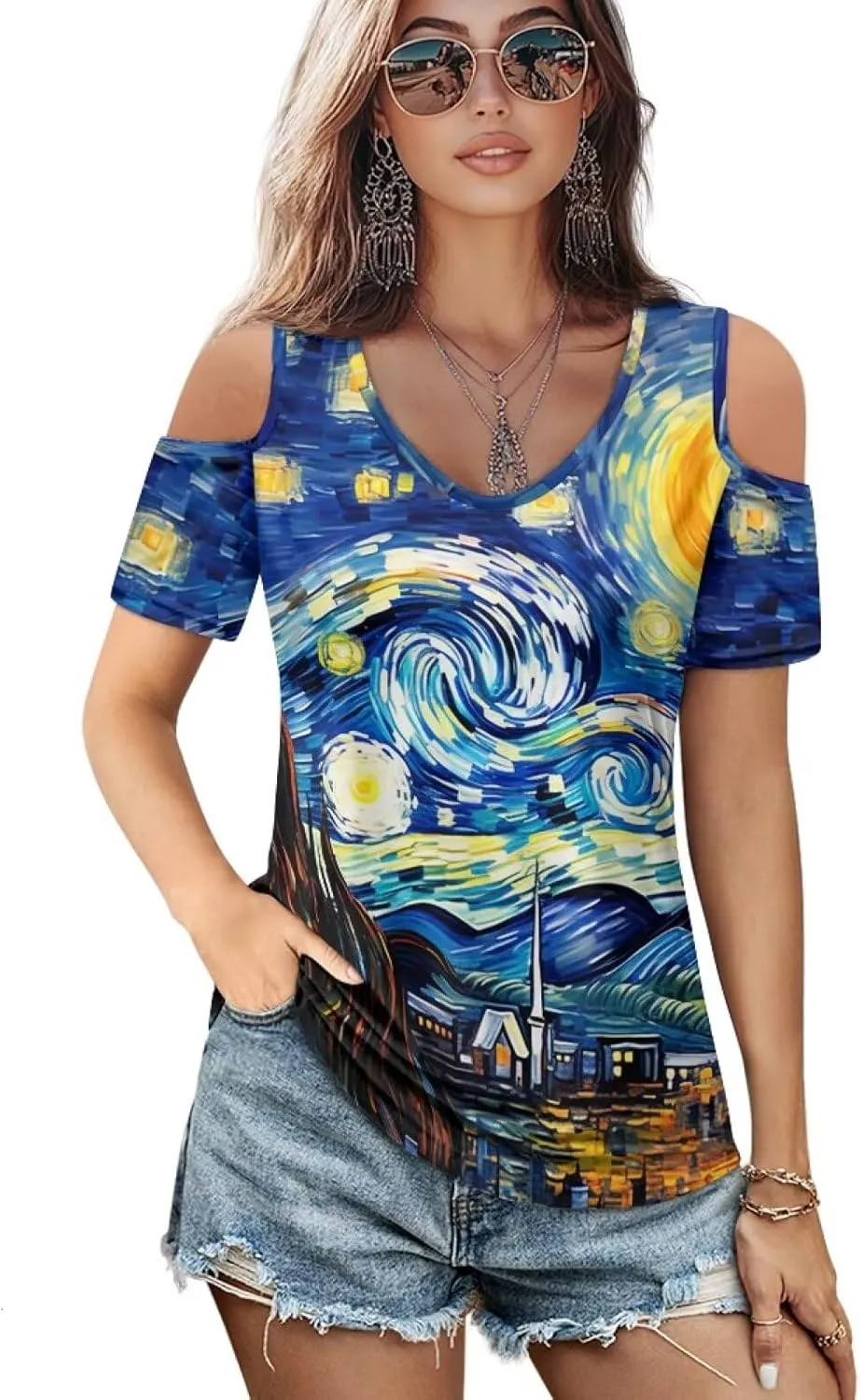 ZFRXIGN Cold Shoulder Tops for Women Size S-2XL Short Sleeve Shirts Going Out Top Square Neck Tee