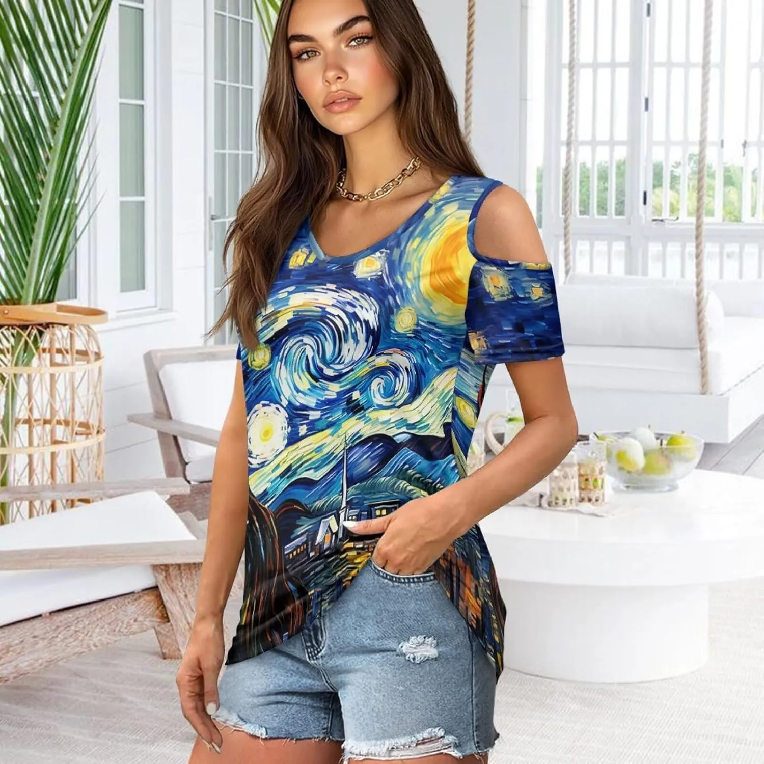 ZFRXIGN Cold Shoulder Tops for Women Size S-2XL Short Sleeve Shirts Going Out Top Square Neck Tee