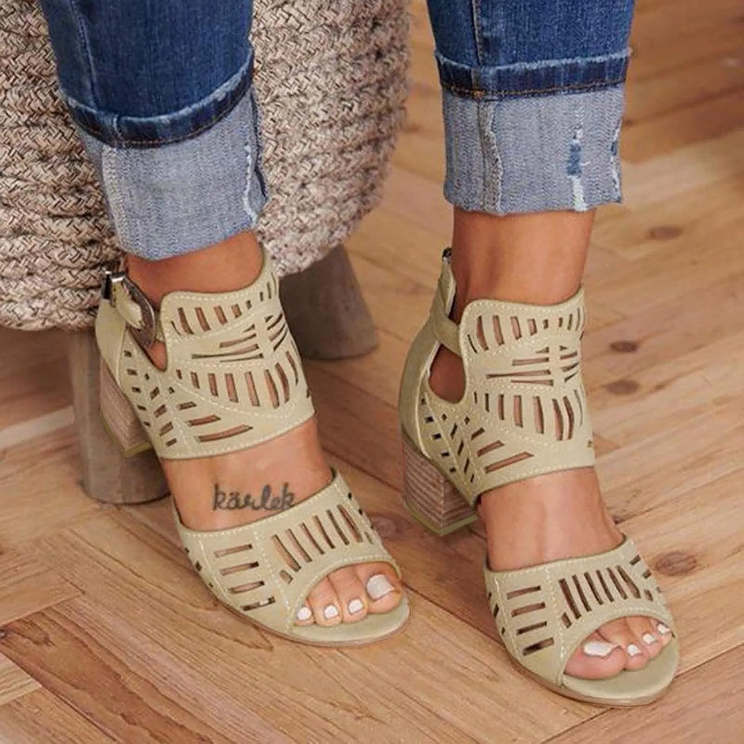 ZKXYFFS Chunky Heel Sandals for Women Cutout Peep Toe Zipper Wedges Sandals Summer Beach Dressy Party High Heeled Sandals