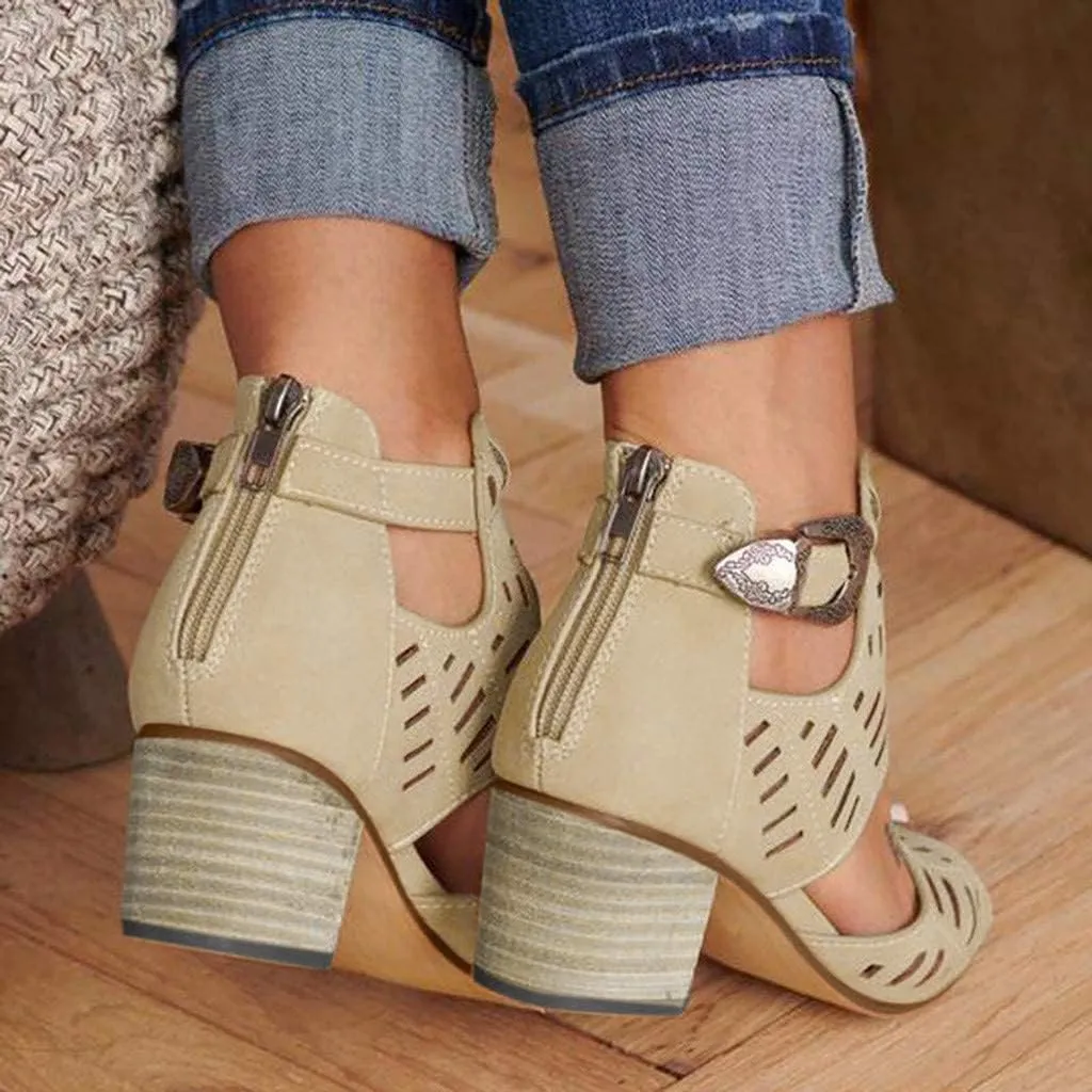 ZKXYFFS Chunky Heel Sandals for Women Cutout Peep Toe Zipper Wedges Sandals Summer Beach Dressy Party High Heeled Sandals