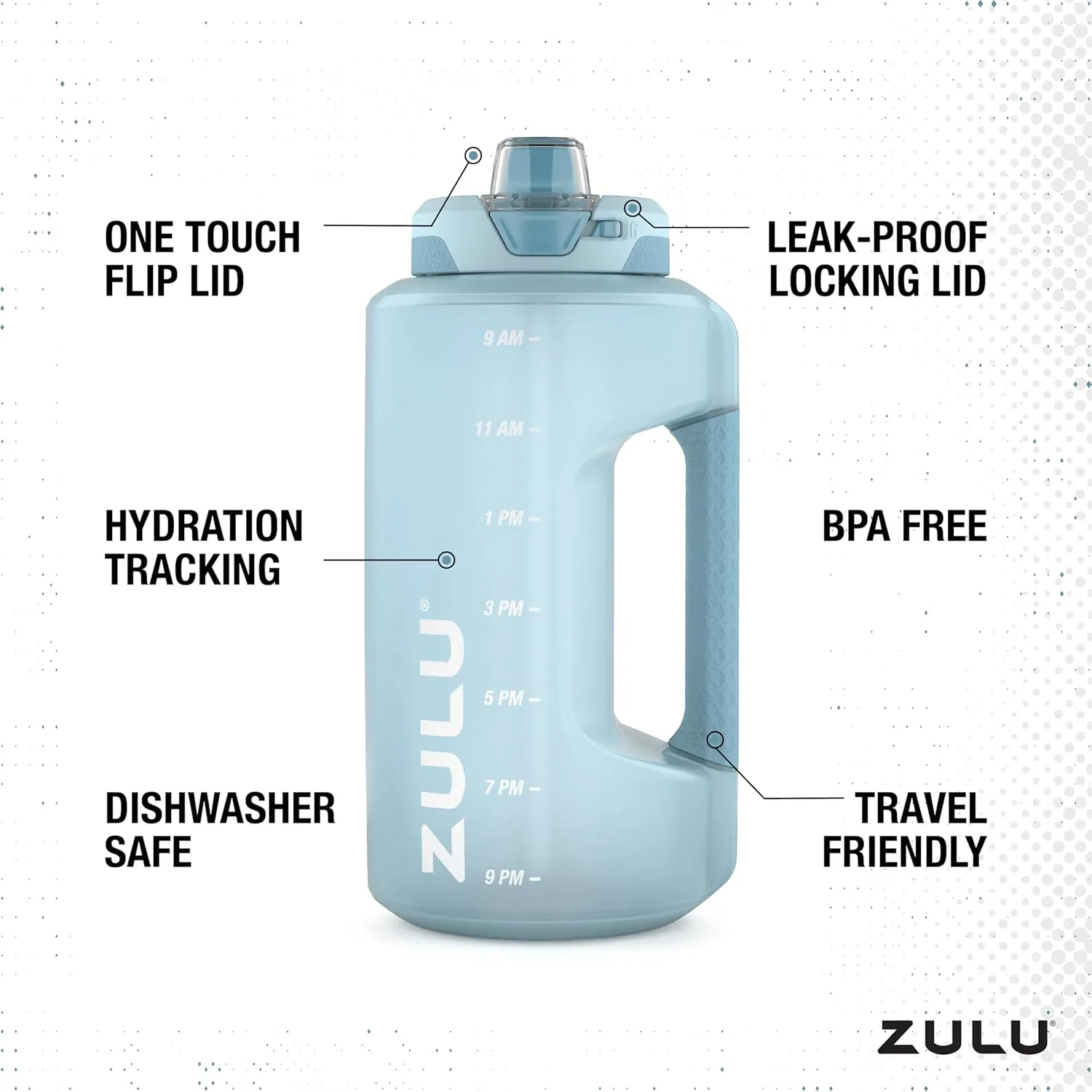 ZULU Goals Large Water Bottle Jug with Time Marker & Handle for All Day Hydration | Silicone Soft Straw with Locking Leak-Proof Lid | For Gym, Camping, Workout, and Outdoors | BPA-Free | 64oz, 128oz
