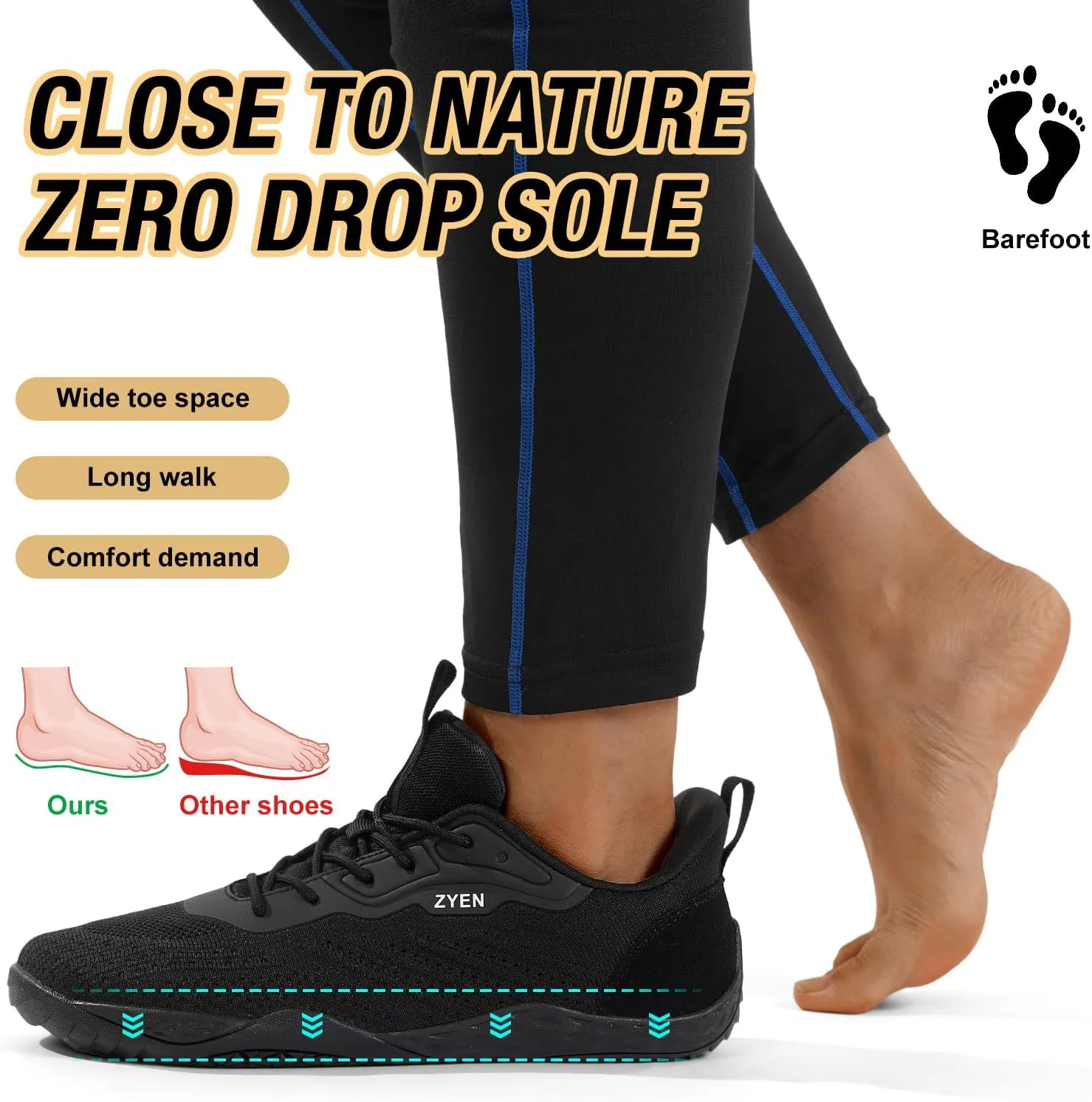 ZYEN Mens Barefoot Shoes Wide Toe Box Trail Running Sneakers Zero Drop Non-Slip Extra Wide Width Walking Shoes Minimalist Wrestling Sneakers Gym Trainer 6.5-13